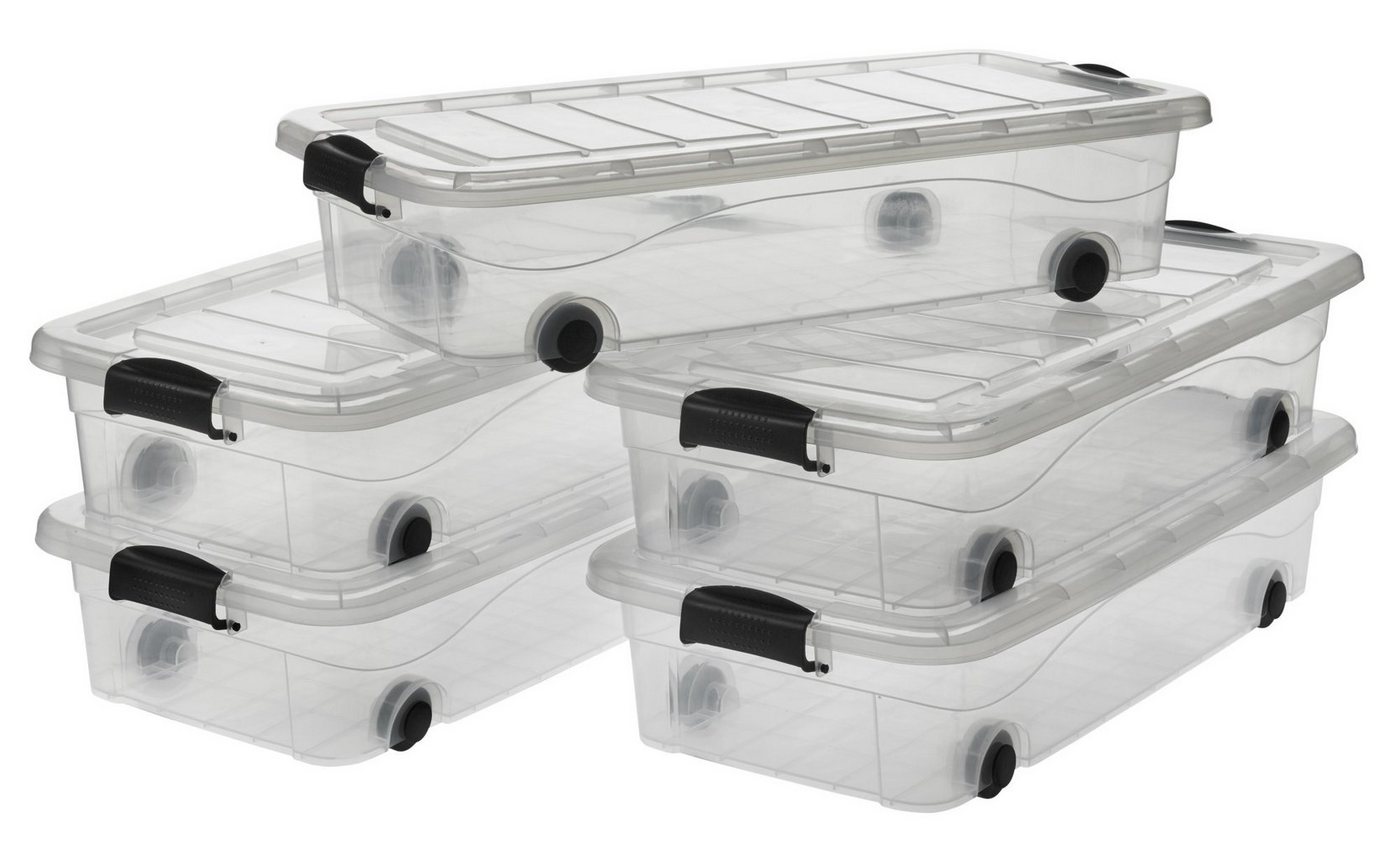 Logiplast Aufbewahrungsbox Premium Aufbewahrungsbox, 30 Liter (Spar-Set, 5 Stück), flach, mit Rollen und Deckel, Lebensmittelecht, transparent von Logiplast