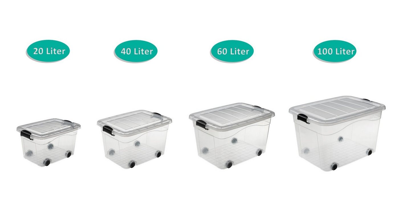 Logiplast Aufbewahrungsbox Set Aufbewahrungsboxen 20 Ltr. + 40 Ltr. + 60 Ltr. + 100 Ltr. (Spar-Set, 4 Stück Aufbewahrungsboxen), lebensmittelecht, mit Rollen, transparent, stapelbar von Logiplast