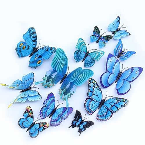 Lohill 36 Stück 3D Schmetterlinge Deko Schmetterling Wanddeko Butterfly Wandsticker 3D Wandtatoo Schmetterlinge Balkon Deko, Simulation Kunststoff Schmetterlinge, Kühlschrankaufkleber (Blau) von lohill