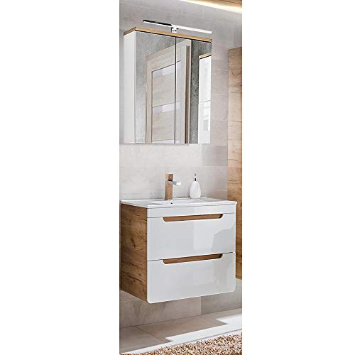 Lomadox Badezimmer Waschplatz Set in Hochglanz weiß mit Wotan Eiche Nb., 61 cm Keramik-Waschtisch mit Unterschrank & LED-Spiegelschrank von Lomadox