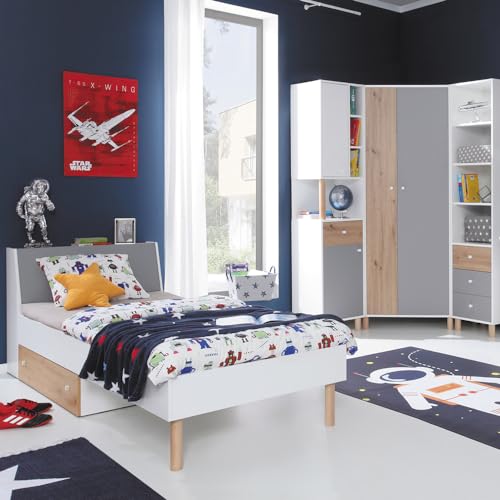 Lomadox Jugendzimmer Set 4-teilig mit 1 Jugendbett 120x200cm, 2 Regalschränke, 1 Eckkleiderschrank in weiß mit Eiche und grau von Lomadox