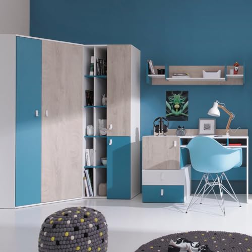 Lomadox Jugendzimmer Set 4-teilig mit Eckkleiderschrank, Regalschrank, Wandboard, Schreibtisch in weiß/braun/blau Modern von Lomadox