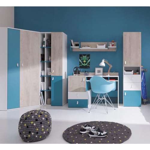 Lomadox Jugendzimmer Set 5-teilig mit Eckkleiderschrank, 2 Regalschränke, Wandboard, Schreibtisch in weiß/braun/blau Modern von Lomadox
