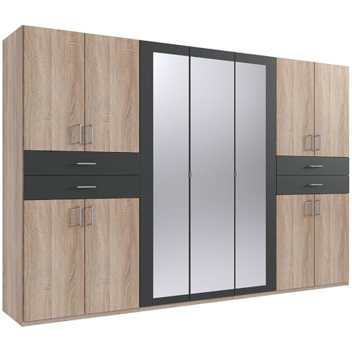 Lomadox Kleiderschrank mit Spiegel, 313 cm breit Garderobenschrank Wardrobe Schlafzimmerschrank Schrank modern in Eiche sägerau mit Graphit Lomadox Kleiderschrank mit Spiegel, 313 cm breit Garderobenschrank Wardrobe Schlafzimmerschrank Schrank modern in Eiche sägerau mit Graphit von Lomadox