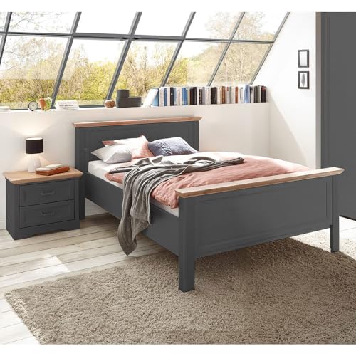 Lomadox Schlafzimmermöbel Set 2-teilig mit Bett 140x200cm, Nachttisch in Graphit mit Eiche Landhaus von Lomadox