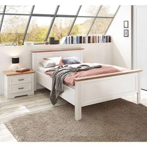 Lomadox Schlafzimmermöbel Set 2-teilig mit Bett 140x200cm, Nachttisch in Pinie weiß mit Eiche Landhaus von Lomadox