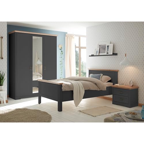 Lomadox Schlafzimmermöbel Set 3-teilig mit Bett 100x200cm, Nachttisch, Kleiderschrank in Graphit mit Eiche Landhaus von Lomadox