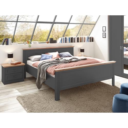 Lomadox Schlafzimmermöbel Set 3-teilig mit Bett 180x200cm, 2X Nachttisch in Graphit mit Eiche Landhaus von Lomadox