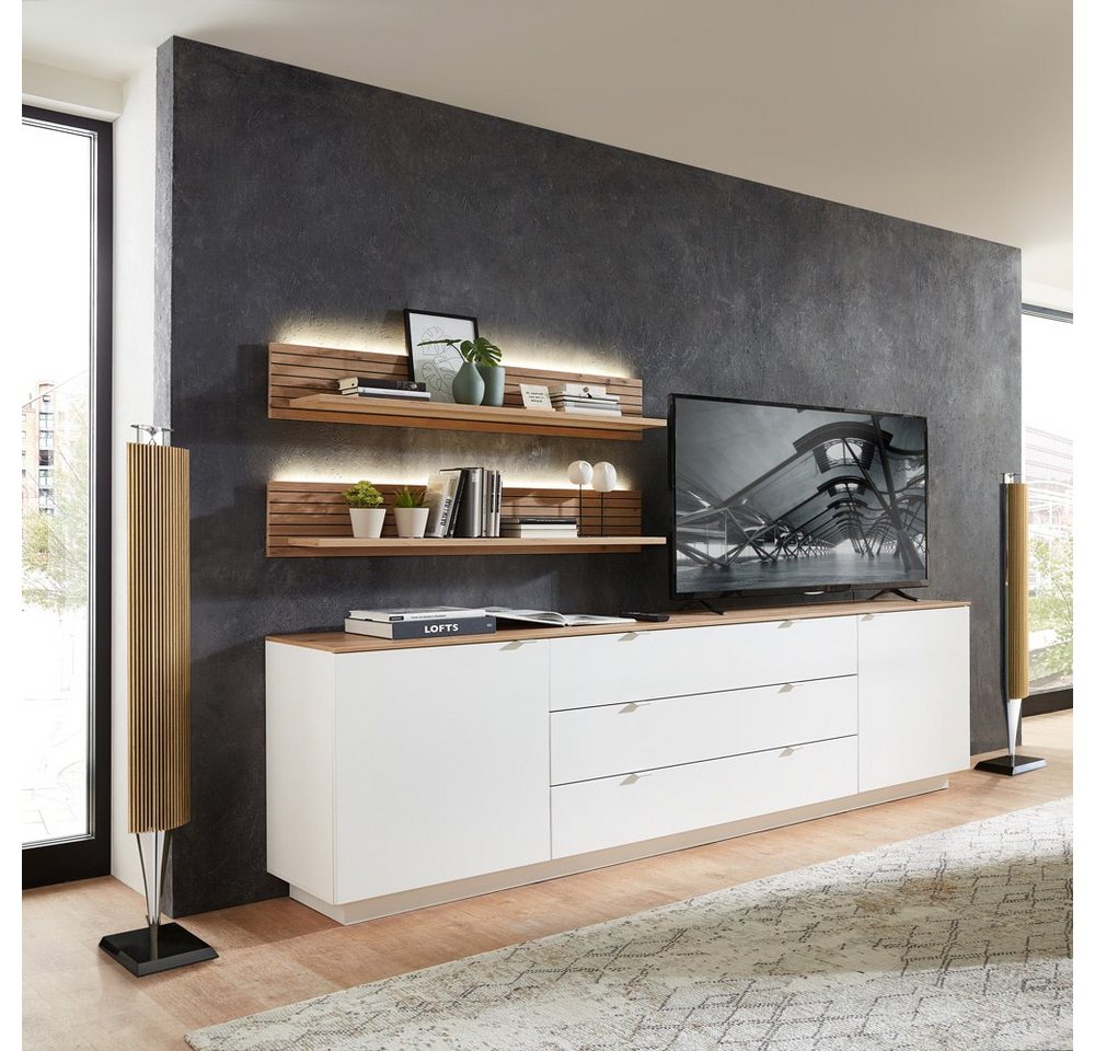 Lomadox Wohnwand CUST-36, (3-St), Set mit 2 Wandboards weiß mit Eiche 240 cm, Wohnwand, Fernsehschrank von Lomadox