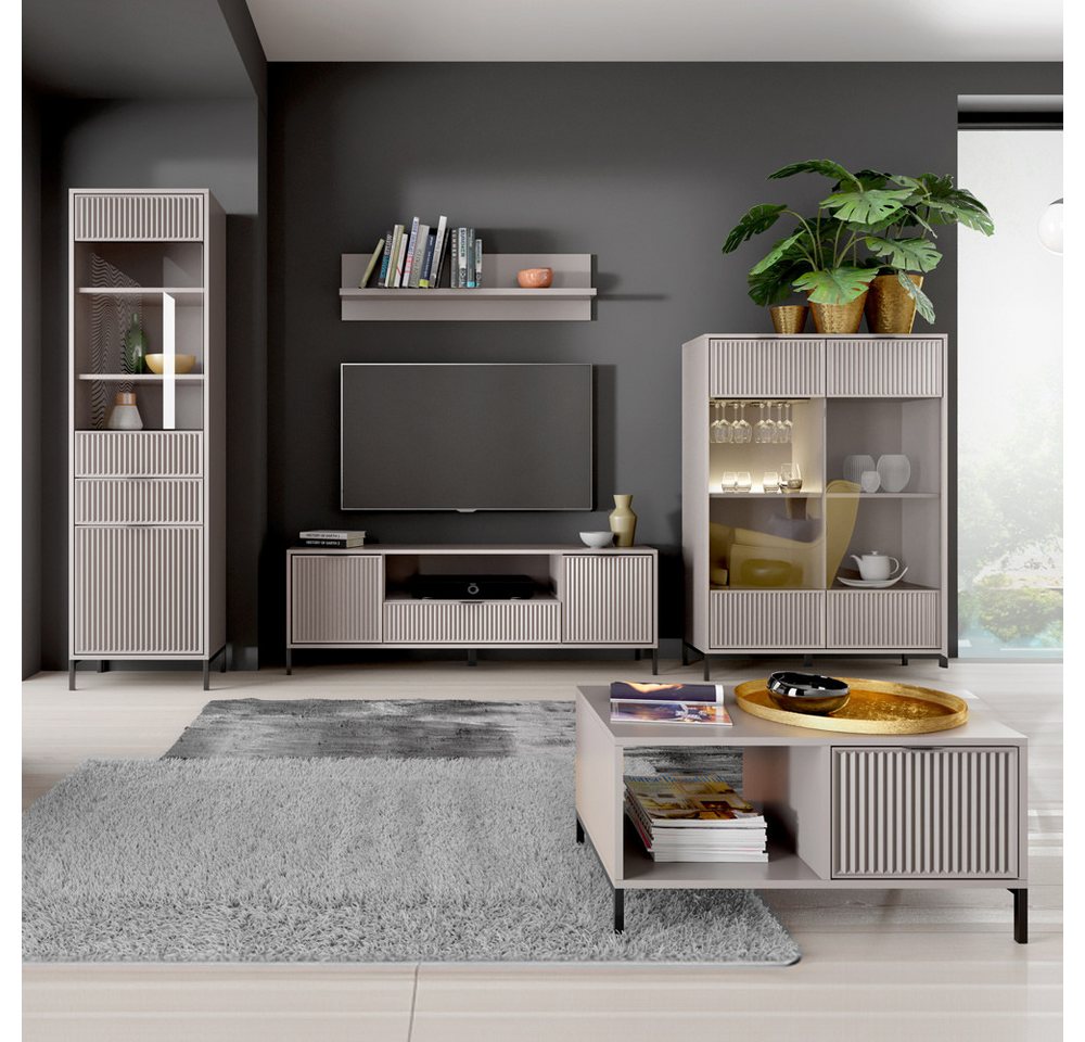 Lomadox Wohnwand LAURO-161, (5-St., Kommode Vitrine Wandregal Lowboard Highboard Couchtisch), Wohnzimmer Set Kaschmir beige modern mit Rillenoptik und Beleuchtung von Lomadox