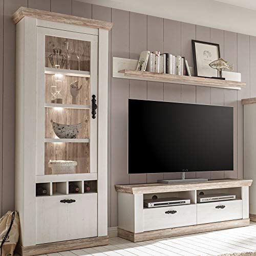 TV Wohnwand im Landhausstil mit Vitrine, Lowboard Wandregal, Pinie weiß und Oslo Nb., inkl. LED, B x H x T ca.: 215 x 201 x 44 cm TV Wohnwand im Landhausstil mit Vitrine, Lowboard Wandregal, Pinie weiß und Oslo Nb., inkl. LED, B x H x T ca.: 215 x 201 x 44 cm von Lomadox