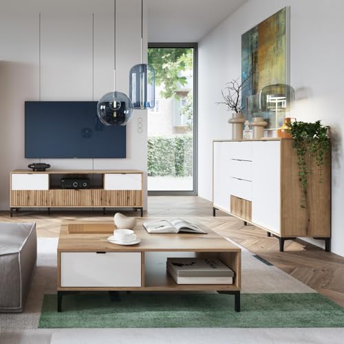 Wohnwand TV-Wand Eiche mit weiß und Rillen Design modern 3-teilig mit Lowboard, Sideboard und Couchtisch von Lomadox