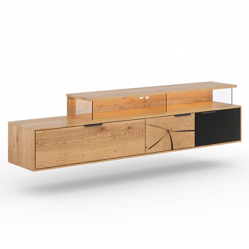 Wohnzimmer Lowboard TV-Schrank mit 200 cm Breite aus Eiche massiv geölt mit Hirnholz-Front, schwarzem Glas und LED-Beleuchtung, Echtholz/Massivholz, montierte Lieferung Wohnzimmer Lowboard TV-Schrank mit 200 cm Breite aus Eiche massiv geölt mit Hirnholz-Front, schwarzem Glas und LED-Beleuchtung, Echtholz/Massivholz, montierte Lieferung von Lomadox