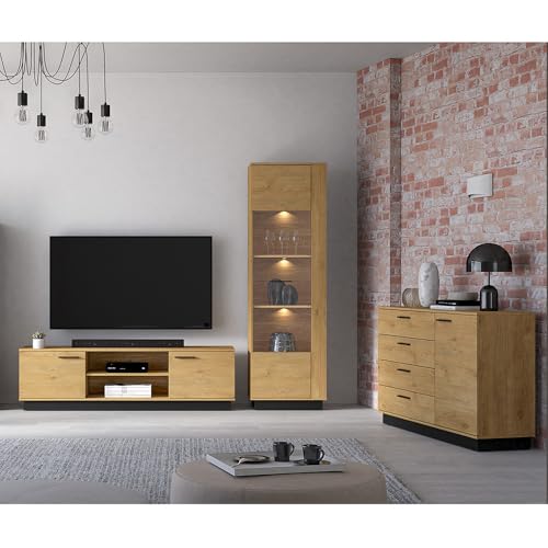 Wohnzimmer-Set 3-teilig mit Beleuchteter Vitrine, Lowboard & Kommode, modernes Eiche Design, schwarz abgesetzt mit Softclose Wohnzimmer-Set 3-teilig mit Beleuchteter Vitrine, Lowboard & Kommode, modernes Eiche Design, schwarz abgesetzt mit Softclose von Lomadox