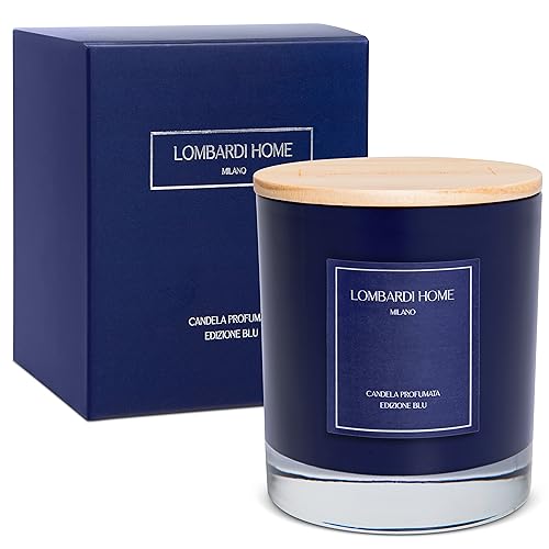 Lombardi Home - Duftkerze aus Weißem Tee im Glas in Navy Blau mit Graviertem Holzdeckel, Vegane und Organische Duftkerze mit Sojawachs, Geschenk Großen Dekorativen Kerze von Lombardi Home