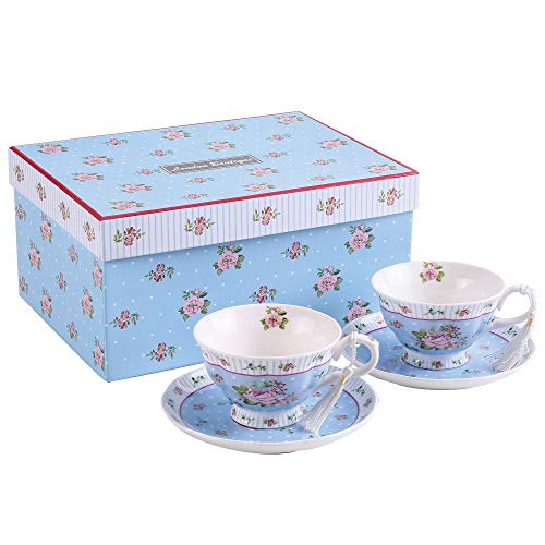 London Boutique Kaffeetassen und Untertassen, Set mit 2 Vintage-Blumen, Blumen, Rosen, Lavendel, Geschenkbox (blaues Set 2) von London Boutique