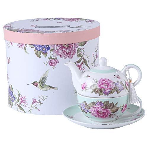 London Boutique Tea for One Teekanne/Tasse, Suacer-Set, Shaby Chic, Flora, Vogel, Rose, Schmetterling, Porzellan, Geschenkbox (Blaugrün), Keramik, 15x15cm von London Boutique