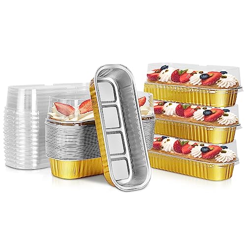 Lonimia 20 Set Folienschalenbehälter, rechteckige Tabletts, Kochpapier, Folien-Backformen, Folienbacken, zum Backen von Kuchen und Grillen, mit Deckel (200 ml) (Gold) von Lonimia