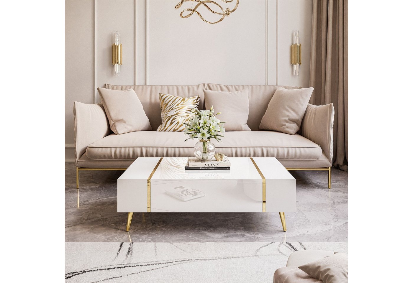 Lookway Couchtisch ONYX auf goldenen Beinen Hochglanz von Lookway