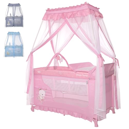 Lorelli 3 in 1 Babybett und Laufstall, Baldachin Betthimmel Magic Sleep mit 2 Ebenen, Kinderbett ab Geburt, Baby Reisebett, Wickelauflage, Rollen, Tasche, rosa Lorelli 3 in 1 Babybett und Laufstall, Baldachin Betthimmel Magic Sleep mit 2 Ebenen, Kinderbett ab Geburt, Baby Reisebett, Wickelauflage, Rollen, Tasche, rosa von Lorelli