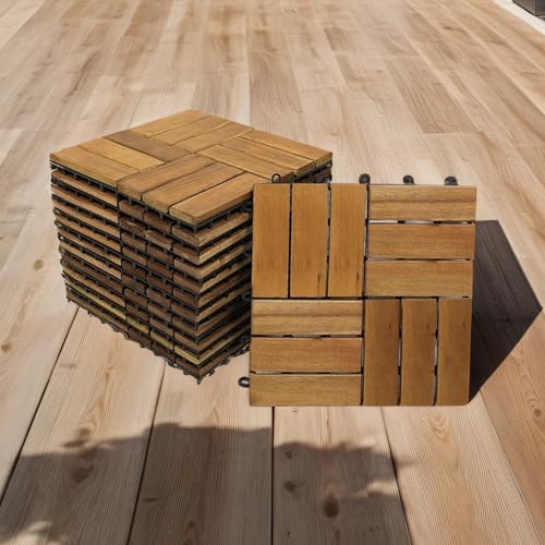 SAM 11er Set Holzfliese 02 | Akazienholz massiv + geölt | 11 Fliesen für 1m² | 30 x 30 cm | Bodenbelag mit Drainage | Balkonfliesen/Terrassenfliesen/Klickfliesen von Loreno