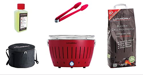 LotusGrill Starter-Set Classic 1x Grill Feuerrot mit USB-Anschluß, 1x Buchenholzkohle 2,5 kg, 1x Brennpaste 200ml, 1x Würstchenzange (Farbe nach Vorrat), 1x Transport-Tragetasche von LotusGrill