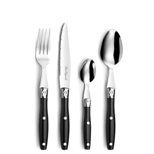 Lou Laguiole Steakbesteck | Steakmesser Set 24-teilig | Besteck für 6 Personen | Schwarz | Wellenschliff Messer Essbesteck | Besteck Set von Lou Laguiole