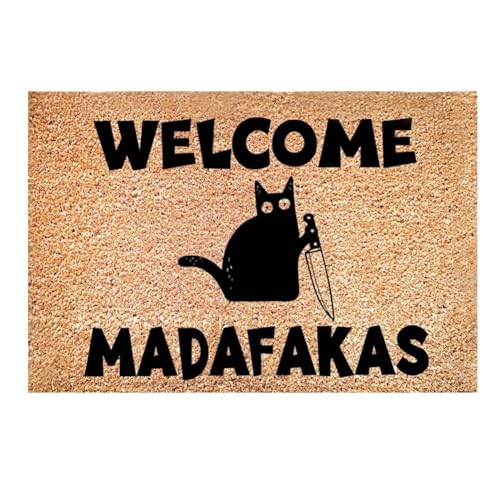 Loufy Fußmatte mit Aufschrift "Welcome Madafakas", 1 Stück, Motiv: dunkle Katze, Heimdekoration, für Küche, Badezimmer, lustige Geschenke von Loufy