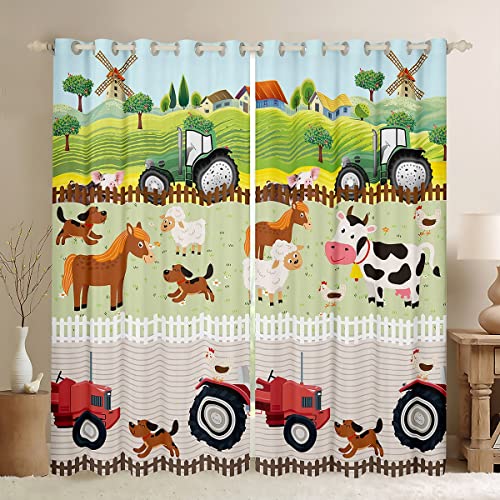 Loussiesd Kinder Karikatur Bauernhof Tiere Fenstervorhang 245x140cm Kleinkind Niedliche Traktoren Vorhänge für Jungen Kinder Bauernhaus Land Blickdichte Vorhänge Bunte Raumdekor Natur Thema von Loussiesd