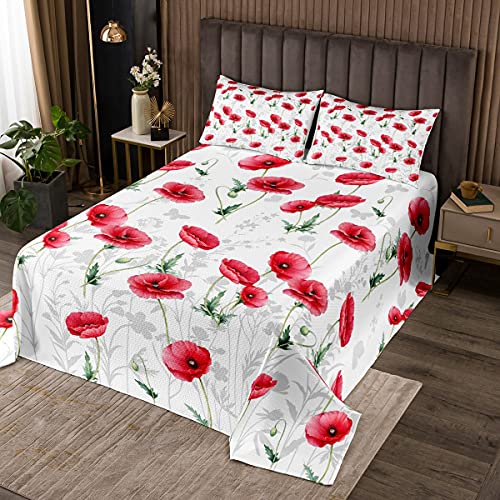 Loussiesd Rot Blumen Bettüberwurf Mohn Druck Tagesdeck 240x260cm Wohndecke Natur Bauernhaus Wildblumen Wiese Bemalt Pflanze Dekorativ Steppdecke Grün Weiß Rot Mohn Mikrofaser für Mädchen Frauen von Loussiesd