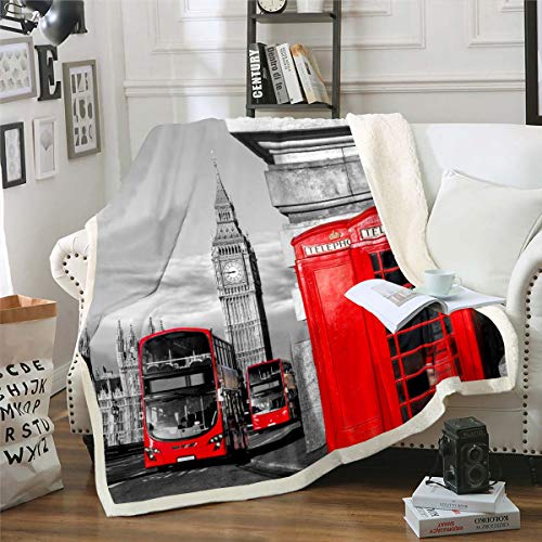 Modernes Stadtbild Wohndecke London Flanell Fleecedecke für Schlafsofa Couch Retro-Telefonzelle The Big Ben Print Decke Rot Grau Berühmte europäische Stadtzimmerdekoration 220x240cm von Loussiesd