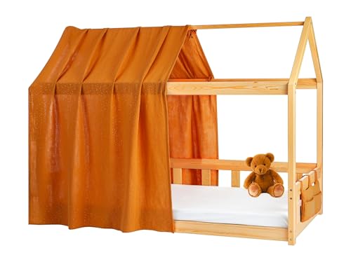Lovely Hippo Hausbett Himmel Deko-Set für Kinderbett mit Baldachin, Bettwäsche aus Baumwollmusselin für Kinderbett bis 3,7m Länge – Kinderzimmerdekoration (Modell 1 + Tasche, Kamel/Gold) von Lovely Hippo