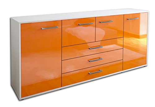 Lqliving Kommode Sideboard Eliana, Korpus in Weiss matt, Front im Hochglanz-Design Orange (180x79x35cm), inkl. Metall Griffen, Made in Germany von Lqliving