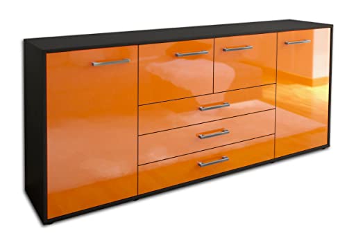 Lqliving Kommode Sideboard Eliana, Korpus in anthrazit matt, Front im Hochglanz-Design Orange (180x79x35cm), inkl. Metall Griffen, Made in Germany von Lqliving