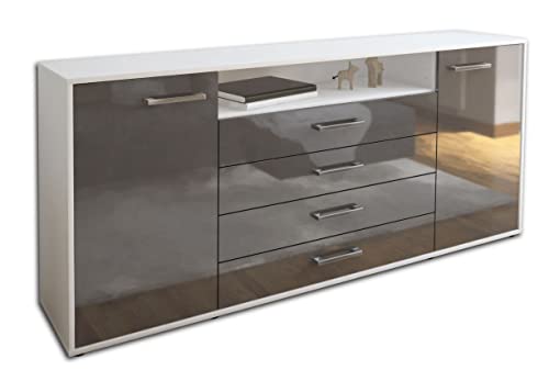 Lqliving Kommode Sideboard Enzo, Korpus in Weiss matt, Front im Hochglanz-Design Grau (180x79x35cm), inkl. Metall Griffen, Made in Germany von Lqliving