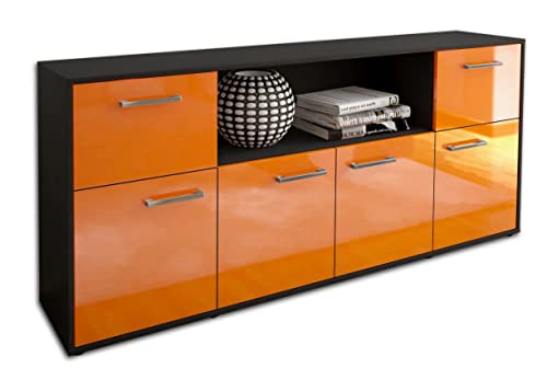 Lqliving Kommode Sideboard Ermentrude, Korpus in anthrazit matt, Front im Hochglanz-Design Orange (180x79x35cm), inkl. Metall Griffen, Made in Germany von Lqliving