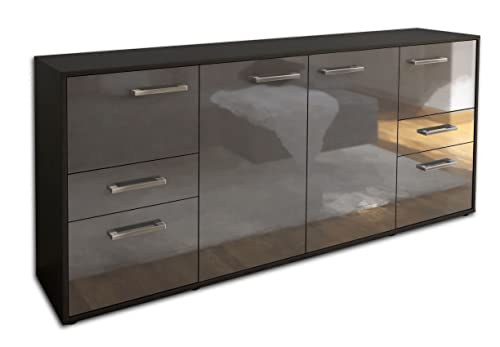 Lqliving Kommode Sideboard Gemma, Korpus in anthrazit matt, Front im Hochglanz-Design Grau (180x79x35cm), inkl. Metall Griffen, Made in Germany von Lqliving