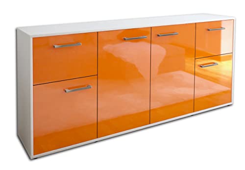 Lqliving Kommode Sideboard Georgina, Korpus in Weiss matt, Front im Hochglanz-Design Orange (180x79x35cm), inkl. Metall Griffen, Made in Germany von Lqliving