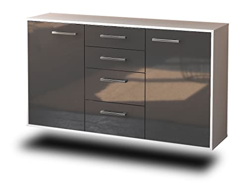 Sideboard Corona, Korpus in Weiss matt, Front im Hochglanz-Design Grau (136x77x35cm), inkl. Metall Griffen, Wandmontage, Made in Germany von Lqliving