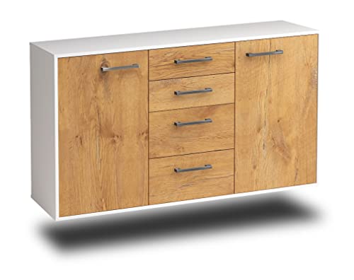 Sideboard Corona, Korpus in Weiss matt, Front im Holz-Design Eiche (136x77x35cm), inkl. Metall Griffen, Wandmontage, Made in Germany von Lqliving