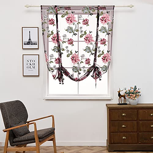 Lsimeru Voile Raffrollo Raffgardinen mit Tunnelzug 140 cm breit Scheibengardine Landhausstil Transparent Modern Bändchenrollo Gardinen Kurzstore mit Stickerei Pfingstrose Blumenmuster von Lsimeru