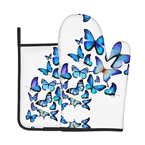 Blue Butterfly Ofenhandschuhe und Topfuntersetzer, 2-teiliges Set – hochtemperaturbeständig für Küche, Mikrowelle, Grill im Freien von Lsjuee