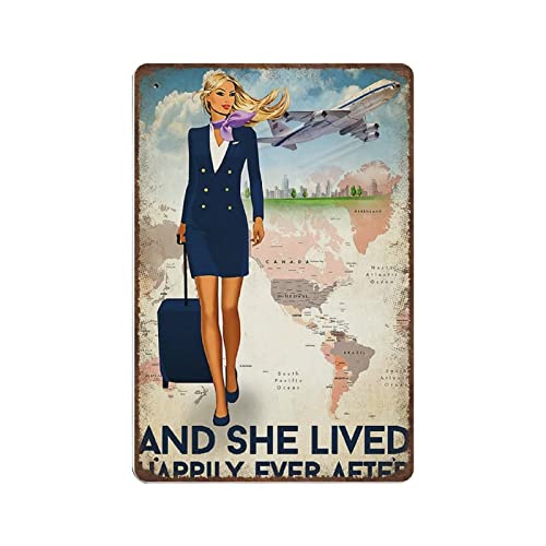 Flight Attendant Blechschild, and She Lived Happily Ever After Blechschild, Air Stewardess Blechschild, Retro-Metallblechschild, Vintage-Kunstposter, Dekoration, lustige Geschenke, Vintage-Stil, Wandd von Lsjuee