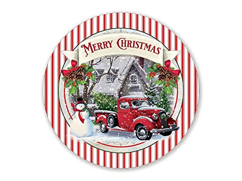 Red Truck And Snowman Outside Round Metal Tin Sign Rustic Plaque, Metal Wreath Sign Merry Christmas Vintage Old Rustic for Home Garden Farmhouse Kitchen Bar Cafe Garage Wall Decor 30,5 x 30,5 cm von Lsjuee