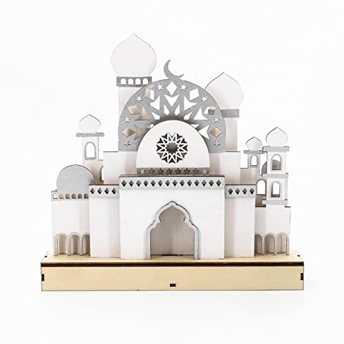 Luckxing Ramadan Deko Holz Ornamente, 3D Moschee Schloss LED Islamischer Palast Eid Mubarak Deko Durchbrochene Halbmond Star Hängende Ornamente Eid Islam Muslim Deko EID Nachtlichter von Luckxing