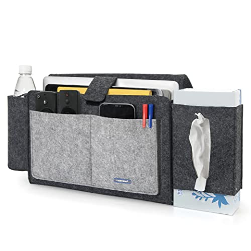 Lucky Sign Bett Organizer Filz Anti-rutsch Betttasche Organizer mit Tücherbox und Flaschenhalter Hängeaufbewahrung für Bettgeländer für iPad Handy Fernbedienungs Zeitschriften 52x9x20cm - Grau-Mix von Lucky Sign