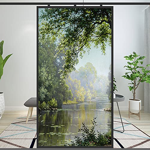 Fensterfolie Privatsphäre Dekorative Wald Bach Landschaft Ölgemälde Statisch Haftung Fensteraufkleber Kein Kleber Mattierte Fensterabdeckungen Fenster Tönung (B x L) (A, 90 x 100 cm) von Lumanduo