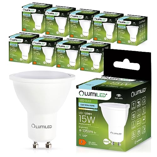 LUMILED GU10 LED 1.5W 135 Lumen Leuchtmittel, 6500K kaltweiß Birne Lampe Strahler Spot, ersetzt 15W Halogenlampen, 120° Grad Strahlwinkel Reflektorlampen Reflektor 10 Stück Energiesparlampen von LUMILED