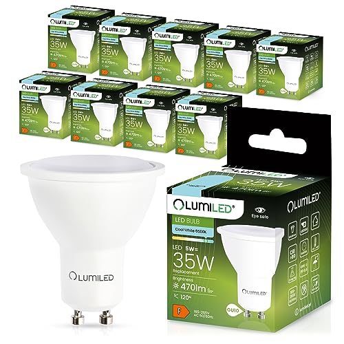 LUMILED GU10 LED 5W 470 Lumen Leuchtmittel, 6500K kaltweiß Birne Lampe Strahler Spot, ersetzt 35W Halogenlampen, 120° Grad Strahlwinkel Reflektorlampen Reflektor 10 Stück Energiesparlampen von LUMILED