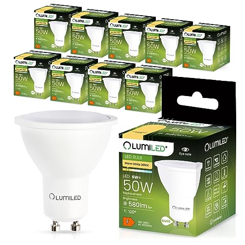 LUMILED GU10 LED, 6W 580 Lumen Leuchtmittel, 3000K warmweiß Birne Lampe Strahler Spot, ersetzt 50W Halogenlampen, 120° Grad Strahlwinkel Reflektorlampen Reflektor 10 Stück Energiesparlampen von LUMILED